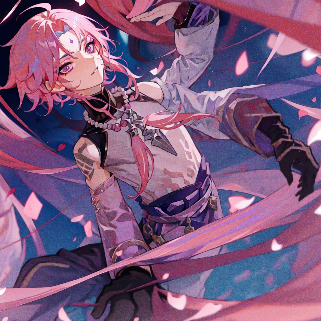 1boy,pink hair,best quality,masterpiece,extremley,red and purple eyes,male focus,beautiful eyes,