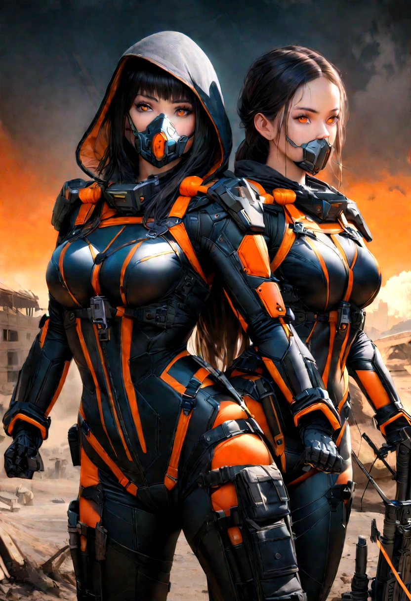 Hyper-realistic Athletic and toned female with shoulder-length black hair with orange streaks and brown eyes. She is an explosives expert, skilled in demolition, engineering, gadget creation, and hand-to-hand combat, The Costume consists of a black armored suit with reinforced plating and orange lines running along the seams, a full-face mask with a digital display in black with glowing orange accents, a black hood with an orange interior and tactical enhancements, and weapons including small explosive devices and a high-tech crossbow in black and orange, Geographic Data in Detailed Hyper-Realism Photoshoot Style