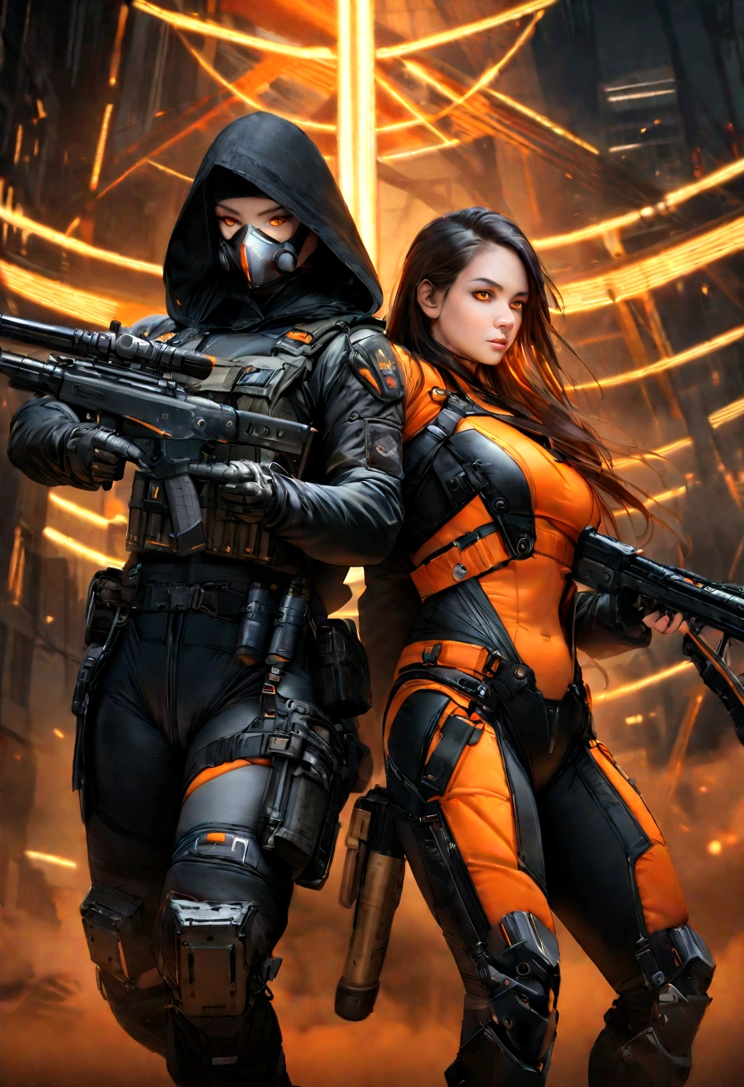 Hyper realistic Athletic and toned female with shoulder-length black hair with orange streaks and hazel eyes. She is an explosives expert, skilled in demolition, engineering, gadget creation, and hand-to-hand combat, Costume consists of a black armored suit with reinforced plating and orange lines running along the seams, a full-face mask with a digital display in black with glowing orange accents, a black hood with an orange interior and tactical enhancements, and weapons including small explosive devices and a high-tech crossbow in black and orange, Geographic Data in Detailed Hyper-Realism Photoshoot Style