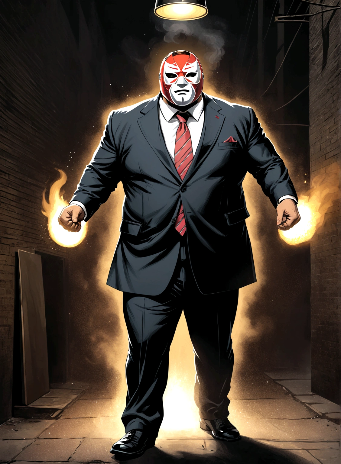 Minimalistic comic artwork of a large man in a business suit, wearing a wrestling mask, cooking in a dark alley, looking back at the camera, crosshatching, 2D, Sharp, Detailed, HD, HDR, High Quality, High Resolution, Masterpiece, single panel