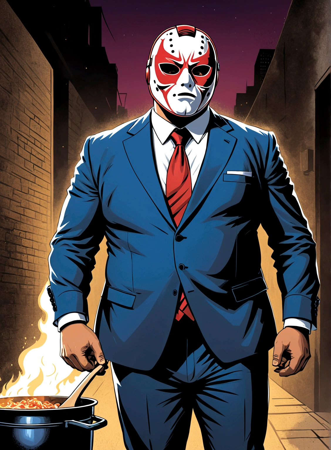 Minimalistic comic artwork of a large man in a business suit, wearing a wrestling mask, cooking in a dark alley, looking back at the camera, crosshatching, 2D, Sharp, Detailed, HD, HDR, High Quality, High Resolution, Masterpiece, single panel