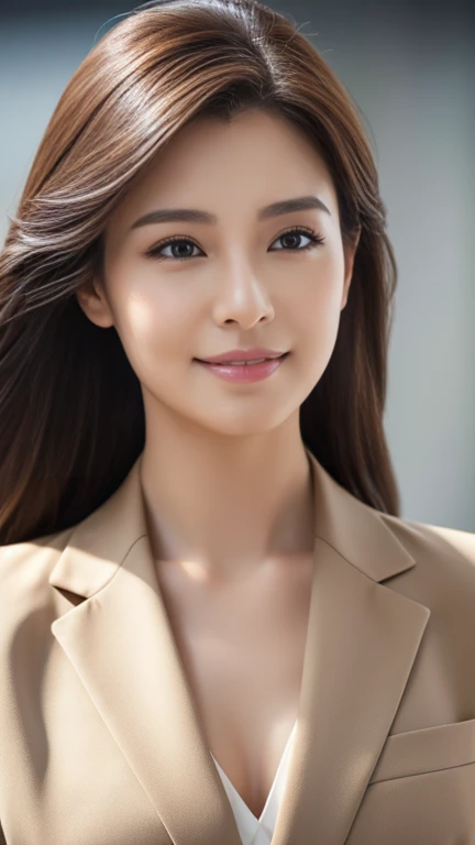Tabletop, Highest quality, Realistic, Very detailed, finely, High resolution, 8k wallpaper, One beautiful woman, ((Australian/Japanese mix)), Light brown super long hair, Wearing a business suit, Sharp focus, Perfect dynamic composition, Beautiful and detailed, Long eyelashes、((Heavy makeup))、Detailed Realistic skin texture, ((front))、 smile, From the chest up、