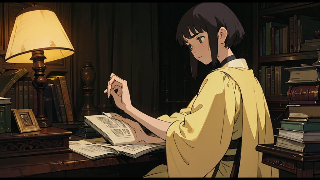 A girl, ensconced in a cozy corner on a rainy evening, sits surrounded by a jumble of books with an intensely profound study attitude. The soft yellow glow of the desk lamp illuminates her thoughtful expression, revealing her deep concentration and composed posture. Her inquisitive eyes dart back and forth between the pages, her nimble fingers turning them with subtle tilt, as she absorbs the old world wisdom contained within. The timeworn margins and sultry aura of the books add to the quiet night ambiance, creating a peaceful and tranquil countenance. This scholarly young woman, clad in plain attire, appears to be a seeker of knowledge and intellect