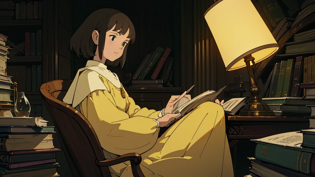 A girl, ensconced in a cozy corner on a rainy evening, sits surrounded by a jumble of books with an intensely profound study attitude. The soft yellow glow of the desk lamp illuminates her thoughtful expression, revealing her deep concentration and composed posture. Her inquisitive eyes dart back and forth between the pages, her nimble fingers turning them with subtle tilt, as she absorbs the old world wisdom contained within. The timeworn margins and sultry aura of the books add to the quiet night ambiance, creating a peaceful and tranquil countenance. This scholarly young woman, clad in plain attire, appears to be a seeker of knowledge and intellect