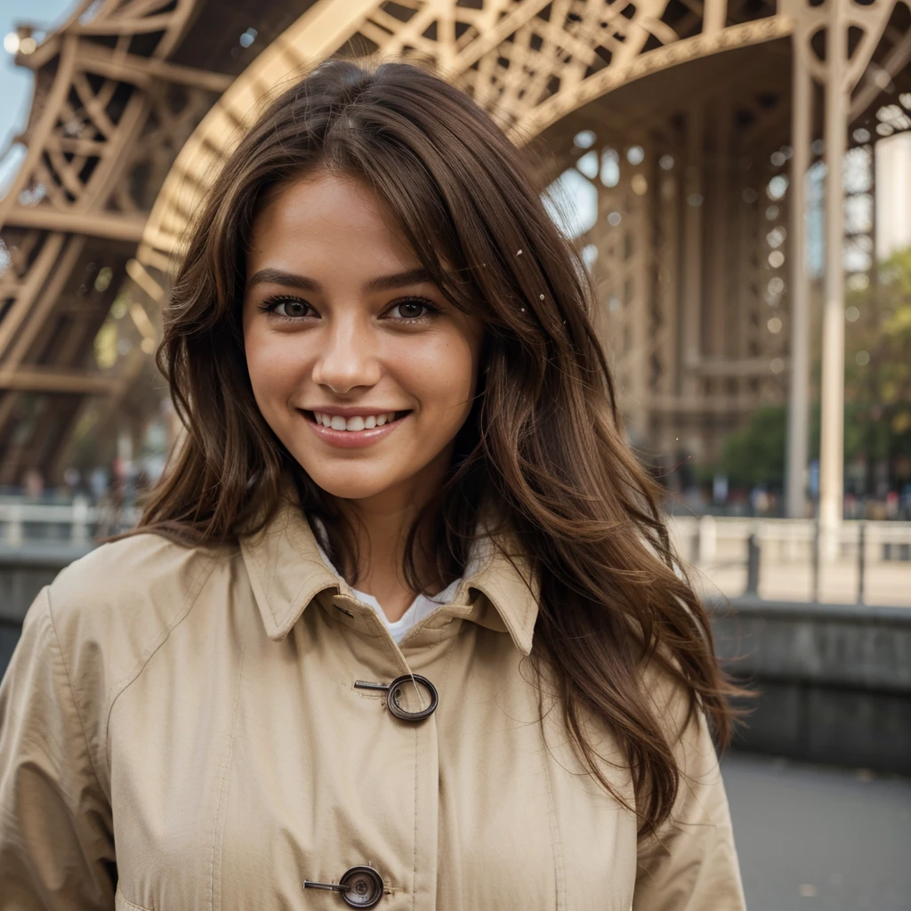 Beautiful smiling woman, light brown skin and medium wavy brown hair, she is in Paris, wearing a high quality yellow overcoat in front of the eiffel tower. Photo with ultra HD and realistic quality. longeyelashes, solid circle eyes, light smile, ccurate, textured skin, drop shadow, pov, atmospheric perspective, 8k, super detail, best quality, high quality, super details. brown hair, hair over shoulder, wavy hair, hair spread out, smile, light smile, grin, smiley, cinematic lighting, drop shadow, atmospheric perspective, Realism, En plein air, 16k, highres, best quality, high quality, textured skin, accurate, UHD, super detail, high details