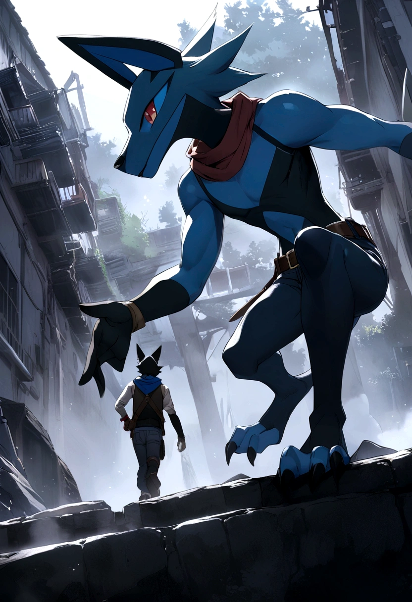 solo, kemono, (mega Lucario), red and yellow fur, anthro, male, tail, muscles, handsome, heroic, outdoors, outside, toe claws, epic, depth of field, perfect lighting, (light particleest quality),(masterpiece),(ultra detailed),sharp focus,light particles, sitting, suggestive