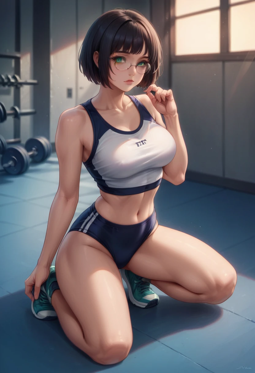 1 girl, a sexy female, green eyes, bob hair, wearing glasses, wearing gym clothes, sixpack, realistic, high detail, dramatic, full body, ultra Hd, Ultra realistic