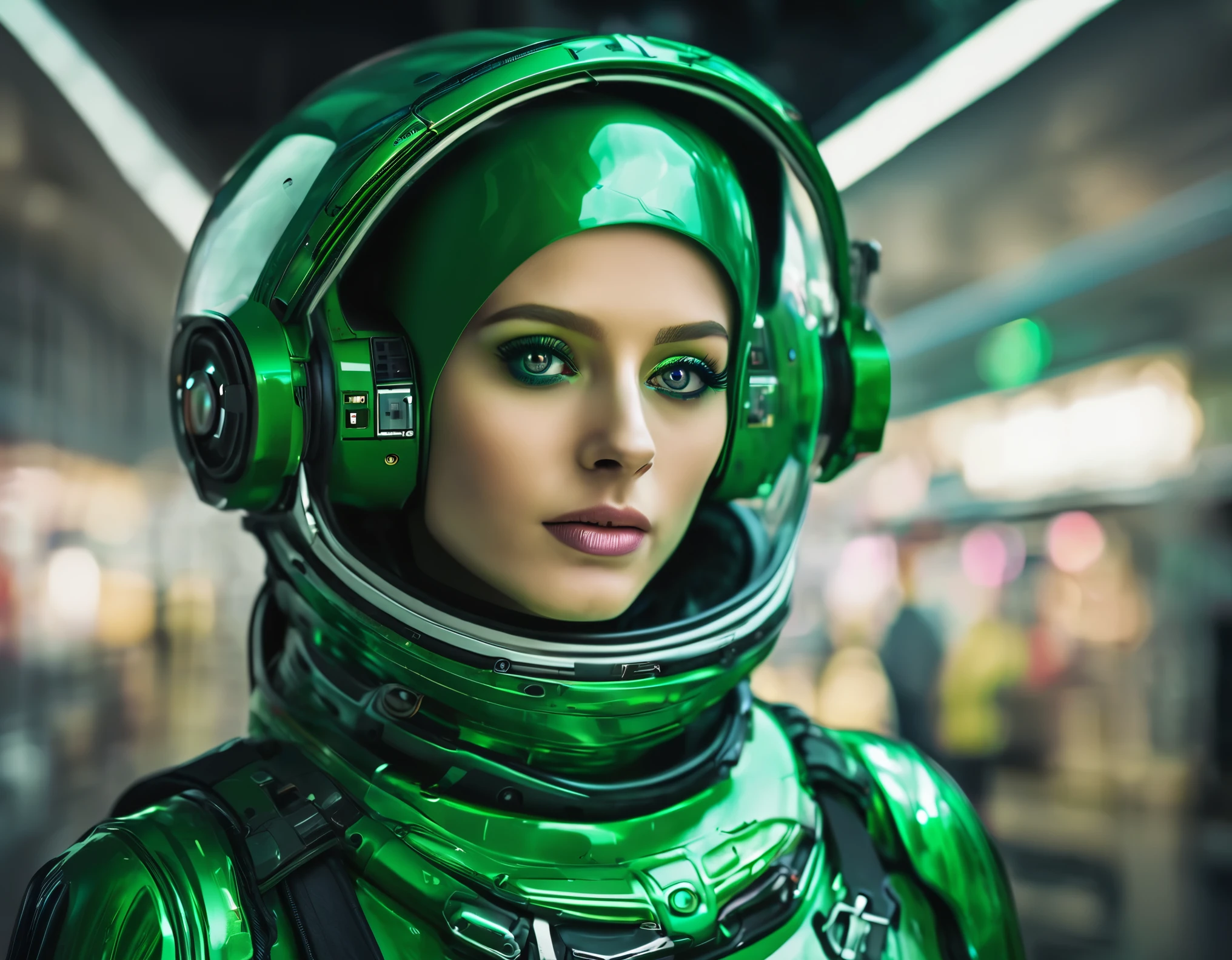 extraterrestrial alien woman with big bald round head, with super big eyes in relation to the face ,with bright green irises, beautiful face and colorful and technological tight suit and spectacular body, (It is located in the control center of a space station). vivid colors, sharp 8k image.