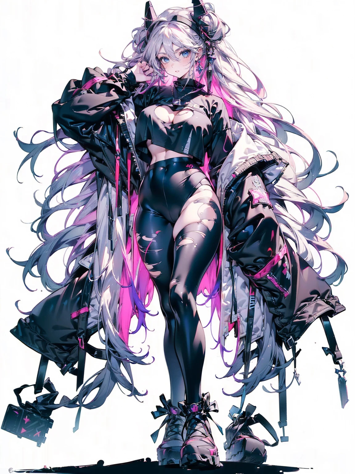 (((unique look:1.5, The eyes of famous artists, Unique Fashion)))、Pink Hair　(White Hair Girl), (Thick, dark blue eyebrows:1.4), (Dark blue eyebrows:1.7), (Thick eyebrows:1.3), (Huge black fluffy animal ears:1.1), (Black animal ears:1.1), BREAK, (((Mesh Stitching Crop T-Shirt, Cutout Long Sleeve Top))),BREAK, (Big Breasts:1.2, Thick legs, Adult female body, Sturdy body:1.5), , (sharp eyes, Ultra-high definition CG, Precisely designed costumes, 4K, 8K, Ultra-high definition CG, , Expressive and Captivating Eyes, Fine Details and Realistic Textures, cinematic lighting), , BREAK, (Wearing black leggings with holes), Skinny sleeves, (Torn and holey leggings:1.2)(Black leggings:1.4), (Punkish Boots:1.2), (Thick sole:1.5), (Big shoes:1.3), ((unique look:1.5, The eyes of famous artists))　
