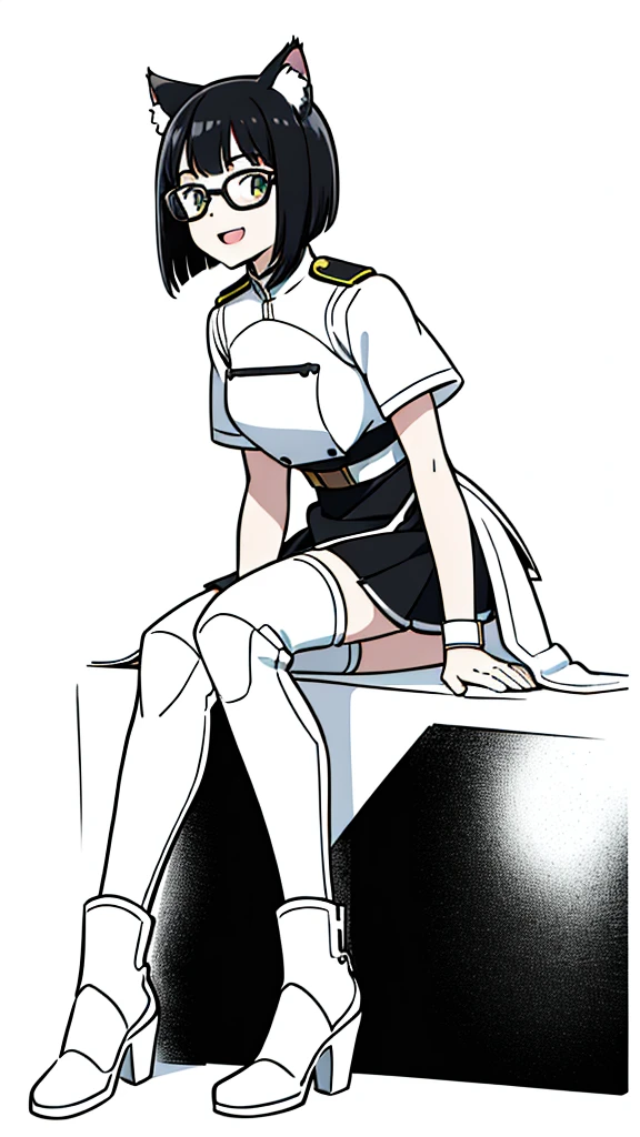 (1girl,,teen),Sliced hair,solo,white armor, black glasses,black hair,cat ears,(white background,line drawing),open mouth,happy,smile,talking,from side, sitting,full body,