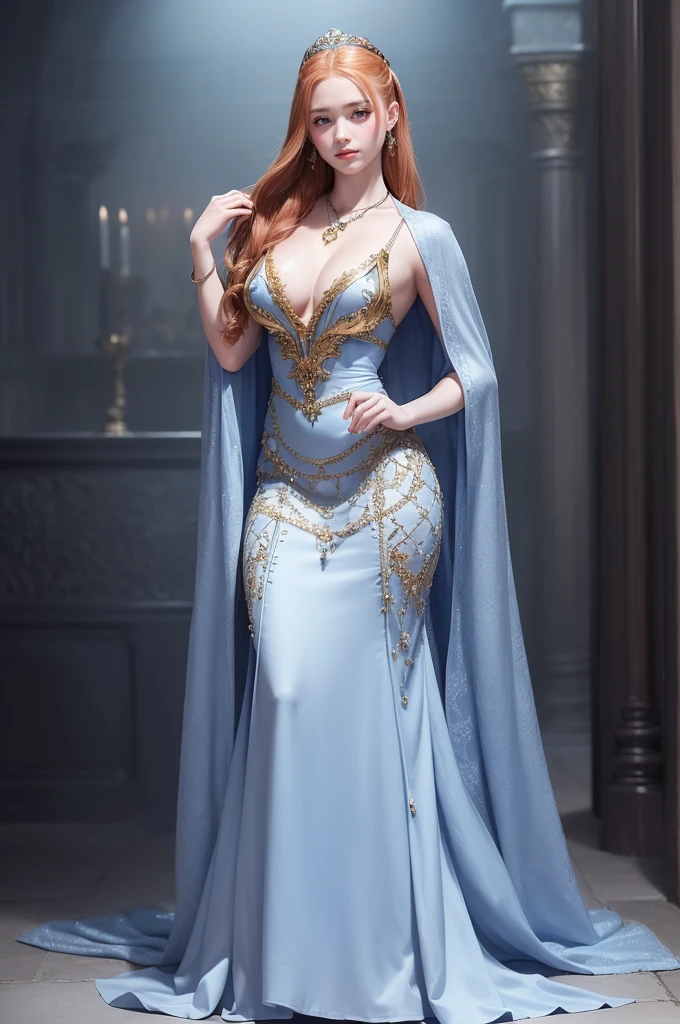 (masterpiece, best quality, cinematic, photorealistic, ultra-detailed), (1girl, Sophie Turner as Sansa Stark:1.2), (wide shot, full body view, from the front:1.5), (wearing Southern Gown, A deep blue dress with golden embroidery and a matching necklace:1.3), (Elaborate updo with curls and twists, showcasing her noble status in King's Landing, includes accessories such as small jeweled pins or ribbons), (blue eyes, soft and shimmery eyeshadows, detailed pupils, defined eyelashes), (blushing, slightly parted lips, cherry lips, fluffy lips),  body, perfect hands, (large cleavage, massive , underboobs), (sensual pose), (gradient background), looking at the viewer