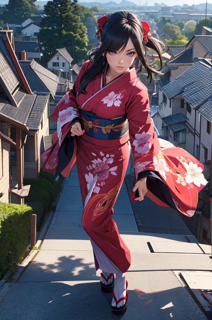 1woman,((((fullbody image)))),red kimono,((((flying)))),(((((flying over houses))))),huge hair,jumping(best quality,4k,8k,highres,masterpiece:1.2),ultra-detailed,(realistic,photorealistic,photo-realistic:1.37),detailed face,beautiful eyes,elegant pose,intricate kimono patterns,flowing hair,dramatic lighting,cinematic composition,vibrant colors,fantasy,digital art
