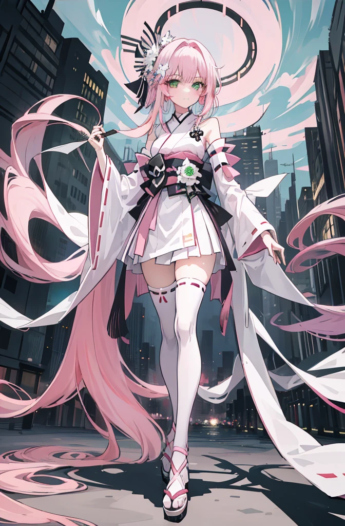 ((A pink-haired)),The hair was long,green eyes,Very long dull hairs,dark city background,white kimono costume,White miko stockings,white mini skirt, night,standing,pink hair,pink hair,