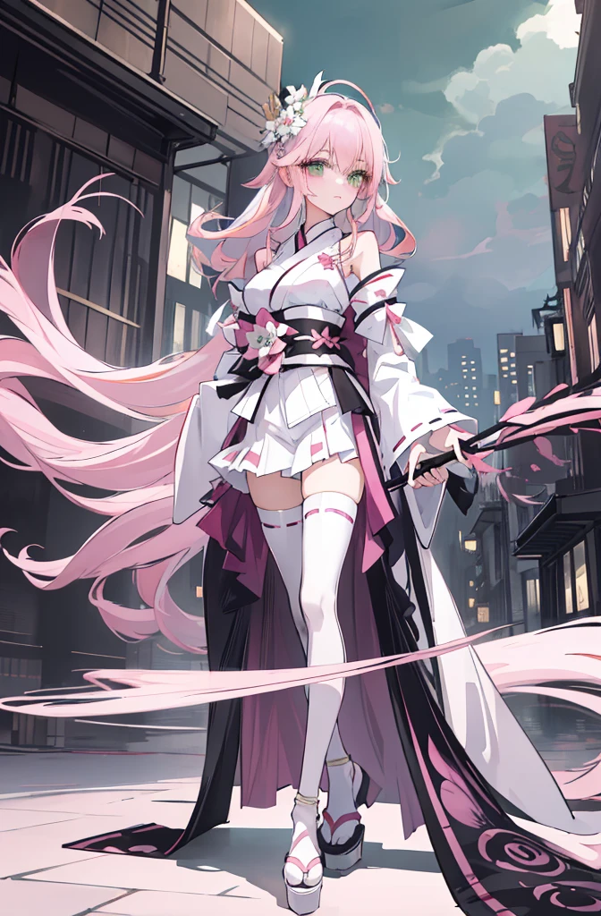 ((A pink-haired))，The hair was long，green eyes,Very long dull hairs，dark city background，white kimono costume，White miko stockings，white mini skirt, night,standing,pink hair,pink hair,