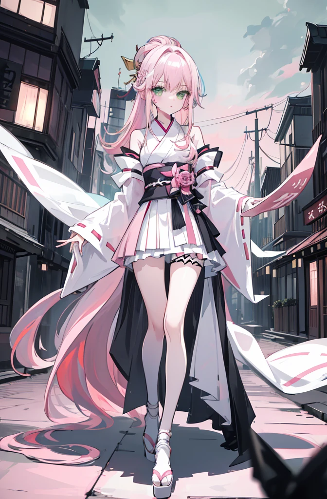 ((A pink-haired)),The hair was long,green eyes,Very long dull hairs,dark city background,white kimono costume,White miko stockings,white mini skirt, night,standing,pink hair,pink hair,