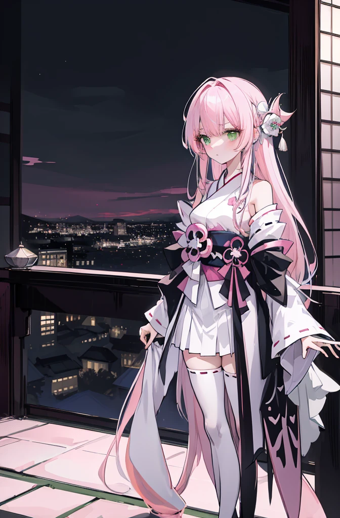 ((A pink-haired))，The hair was long，green eyes,Very long dull hairs，dark city background，white kimono costume，White miko stockings，white mini skirt, night,standing,pink hair,pink hair,