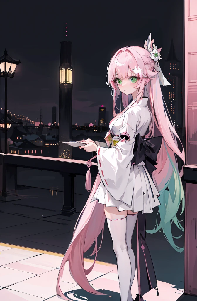 ((A pink-haired)),The hair was long,green eyes,Very long dull hairs,dark city background,white kimono costume,White miko stockings,white mini skirt, night,standing,pink hair,pink hair,