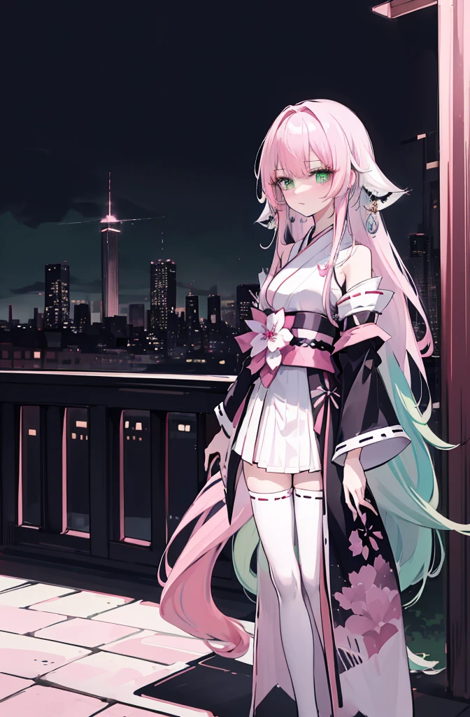 ((A pink-haired))，The hair was long，green eyes,Very long dull hairs，dark city background，white kimono costume，White miko stockings，white mini skirt, night,standing,pink hair,pink hair,