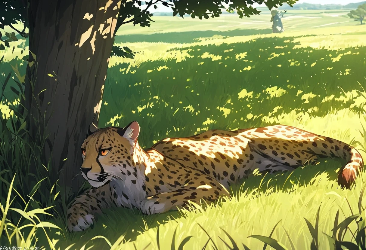 (Cheetah), Shade, rest, nature, spot, relax, wild, keeping watch, Grassland, Protective coloration, peace, Calm, moment, 鋭い目
GrasslandのShadeでrestしているCheetahの画像。spot模様とGrasslandがProtective colorationとなり、Sharp eyes stare at me。relaxした姿勢ながらもwildの鋭さを感じる。
