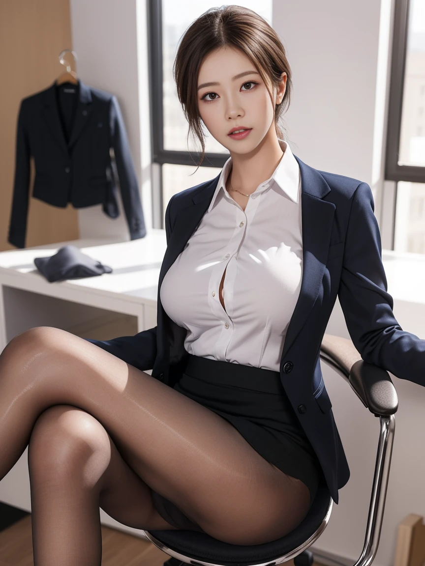 face :9,1714884241], A high-class, elite secretary in a business shirt, Work in an office chair、厳格なbusiness suitを着ている, (Wearing pantyhose)、(Short Layered Hair)、Crossing your legs,(Stockings and skirt、Huge ), Girl in a shirt, business suitを着ているいる, business suitを着ているいる, business suitを着ている, Businesswoman, business suit, 黒のbusiness suitを着ているいる, Wear a shirt and skirt., woman business suitを着ている, business suit, business suit, RAW Photos, (8K、Highest quality、masterpiece:1.2)、(Subtle details:1.4)、(Photorealistic:1.4)、Octane Rendering、Complex 3D rendering, Super detaileded, Soft studio light (Soft studio light) (Soft studio light (Soft studio light)), Rim Light, Crisp details, Super detailed, Realistic skin texture, Detailed aspect, Beautiful attention to detail, Highly detailed CG Unity 16k wallpaper, Compensate -, (Detailed Background:1.2),  thighs!!!,
