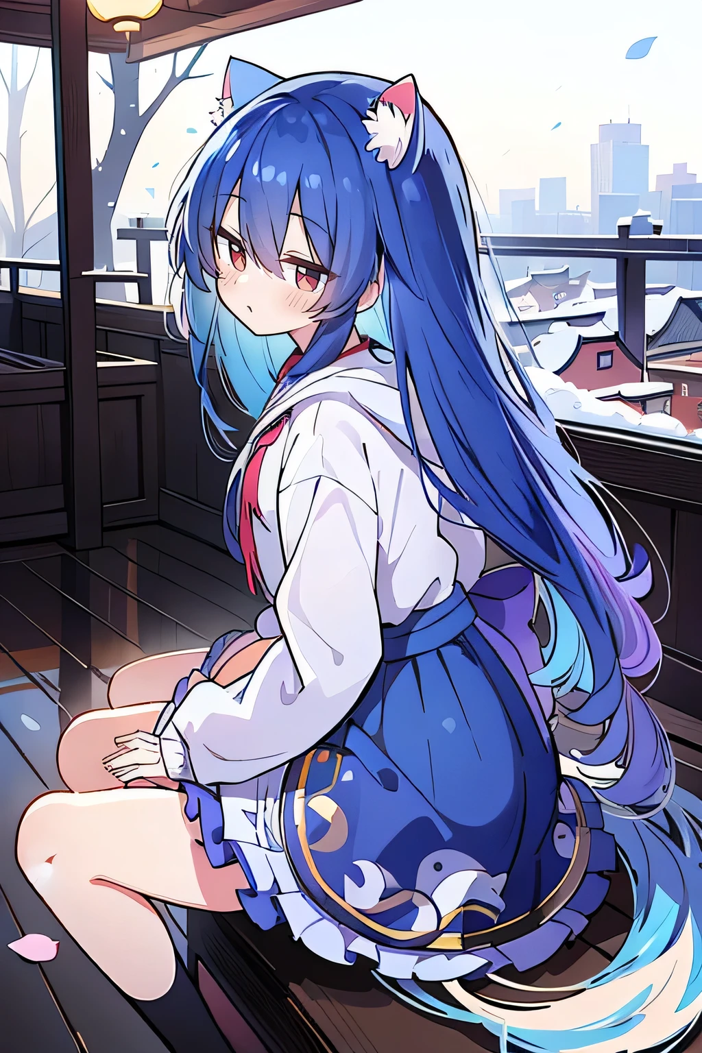 (masterpiece:1.2),Super detailed,lifelike,Expressive eyes,fair skin,perfect face shape,1 girl,
Japanese comics,Gorgeous blue hair,flowing blue hair,flowing clothes,Cat ears,Petals fall,beautiful lola,Baby Angel,
Cross your legs,Gentle and peaceful background,The pavilion is cool and comfortable,smile, wearing hoodie, background of tokyo,back views,snowing, winter.