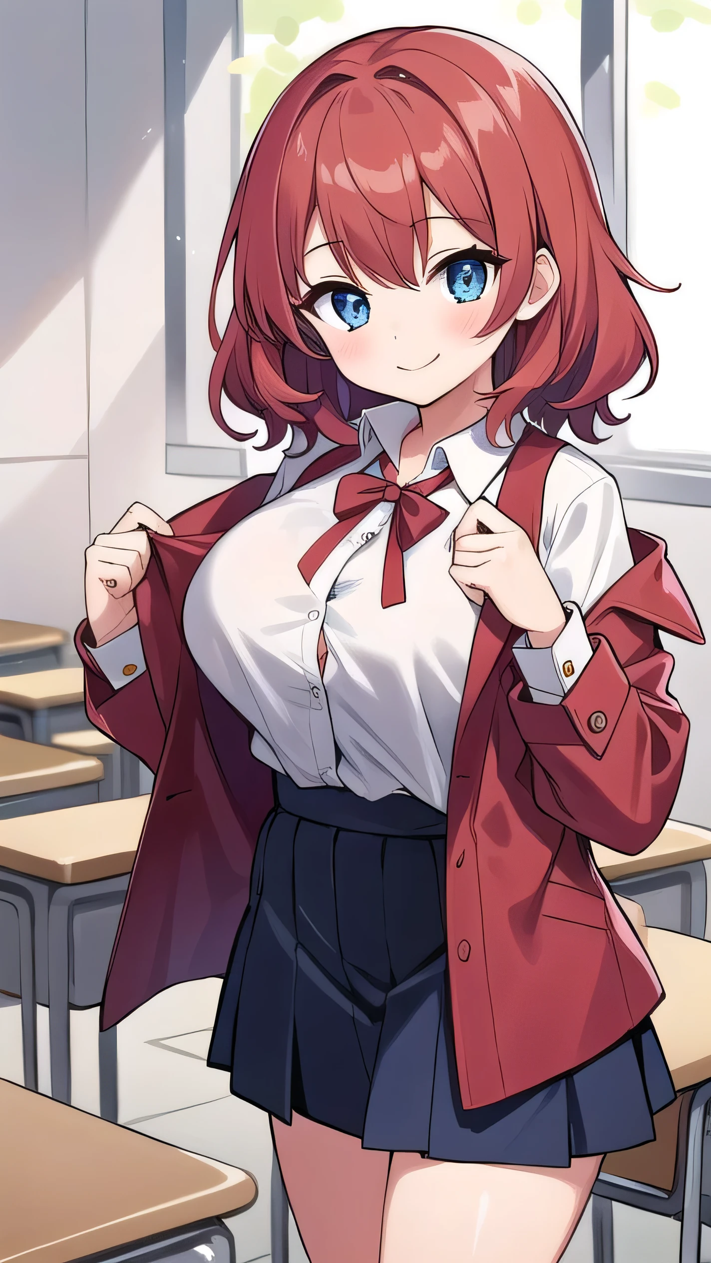 , red hair, blue eyes, droopy eyes, red jacket, long sleeves, navy skirt, elementary school student, super big breastsair: 1), baggy clothes, elementary school student, young face, short height, 10 years old, old, shying a little, trying to unbutton his shirt in the classroom, white shirt, soft hair,straight hair , gentle smile, a little smile