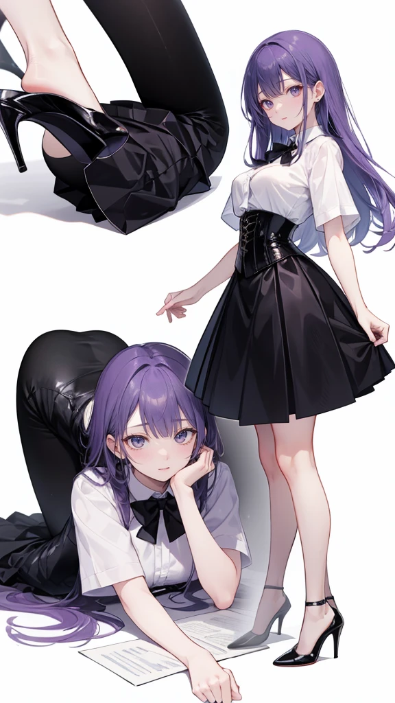 Purple Hair,long hair,Adult female,(suit),White Y-shirt,((Rolling up his sleeves)),(corset),(Black tight skirt),(High heels),Heels are visible,((Simple white background)),smile,((whole body)),((full body)),