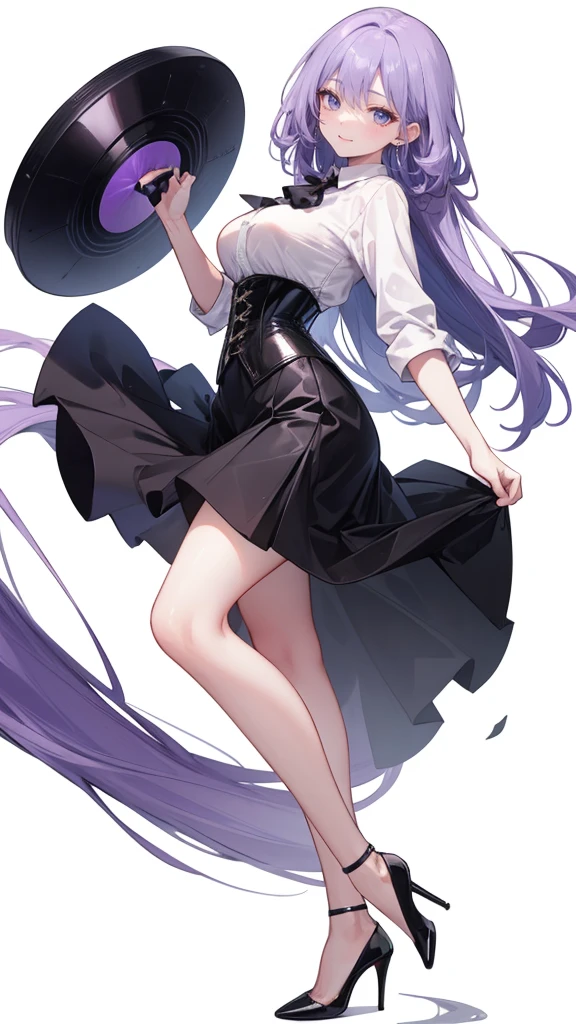 Purple Hair,long hair,Adult female,(suit),White Y-shirt,((Rolling up his sleeves)),(corset),(Black tight skirt),(High heels),Heels are visible,((Simple white background)),smile,((whole body)),((full body)),