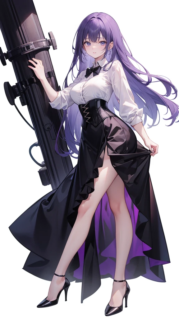Purple Hair,long hair,Adult female,(suit),White Y-shirt,((Rolling up his sleeves)),(corset),(Black tight skirt),(High heels),Heels are visible,((Simple white background)),smile,((whole body)),((full body)),