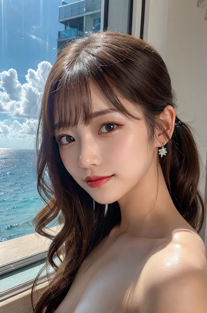 (masterpiece:1.3), high resolution, ultra detailed, extremely detailed CG unity 8k wallpaper, realistic, photo-realistic, RAW photo, beautiful detailed face, pale skin, realistic glistening skin, detailed cloth texture, detailed hair texture, Perfect body, Beautiful Face, accurate, Anatomically correct, Highly detailed face and skin texture, natural neck length, (beautiful hands), (fair skin:1.1), (well-aligned teeth:1.1), (Sweaty skin:1.2),
BREAK,
Detailed eyes, symmetric eyes, Light Brown eyes, Double eyelids, Thin eyebrows, (Glossy lips:1.4), ((A face with waiting for a kiss:1.2)), (blush:1.1), (A sparkling small hair accessory:1.1), (beautiful smile:1.1)
BREAK,
(A classy and Cute girl:1.3), (nude, nsfw, nipple:1.4),
BREAK,
medium large breasts, slender figure, firm abs,
((ponytail, Dark blonde hair, wavy hair, long hair, asymmetric bangs:1.2)), (looking at viewer), (cowboy shot:1.3), From above,
BREAK,
((Standing by window)), (((A view of ocean outside the window at noon:1.3))),