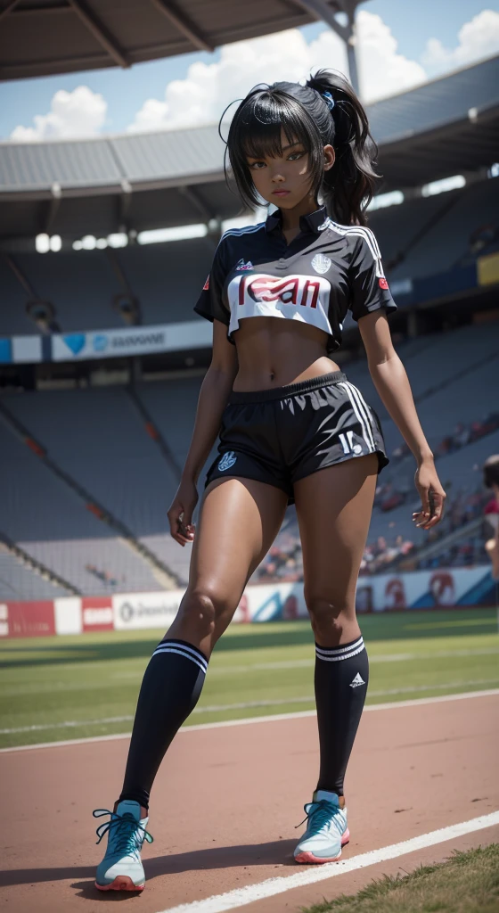 Black anime girl, black hair tied up, wearing dar blue and red and white soccer kit, wearing soccer boots, on the stadium, kicking ball