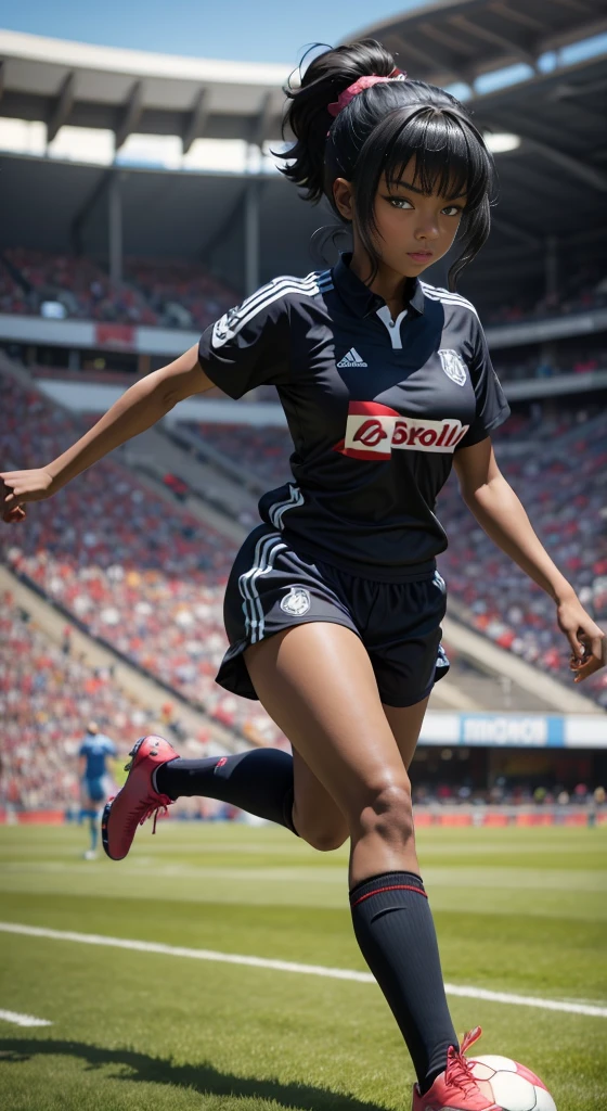 Black anime girl, black hair tied up, wearing dar blue and red and white soccer kit, wearing soccer boots, on the stadium, kicking ball