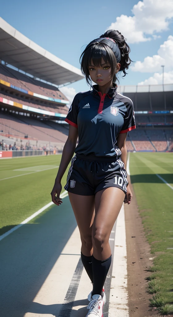 Black anime girl, black hair tied up, wearing dar blue and red and white soccer kit, wearing soccer boots, on the stadium, kicking ball