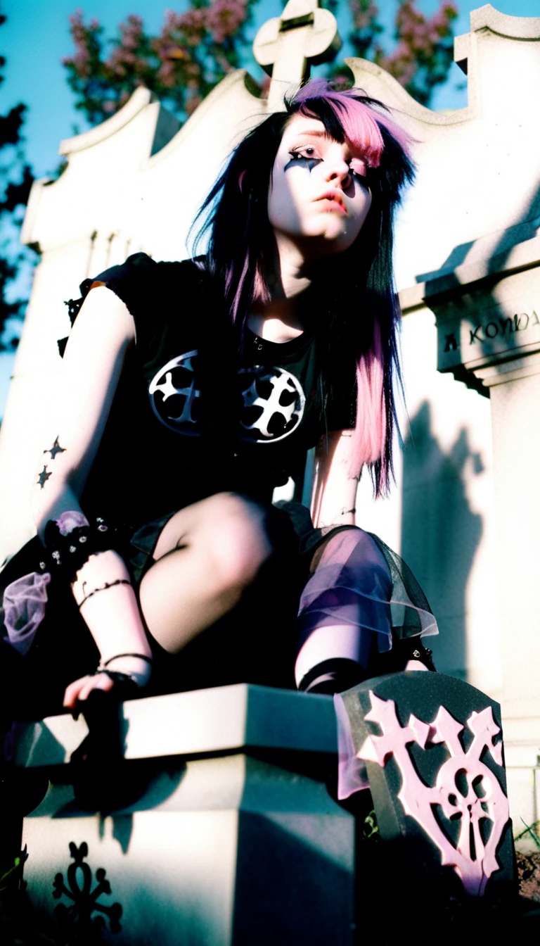 extreme low angle photo taken from below of a girl with black metal inspired pastel goth with a focus on pale pink sitting on a tombstone, intense direct sunlight is hitting her face from the side::4.5, kodak portra 800::3 --ar 9:16 --v 5.1 --no eyebrows::3