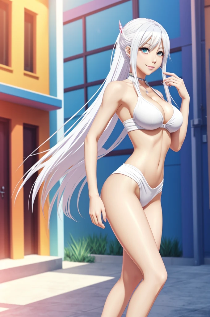 Anime art style. A colorful but mostly white haired goddess. A fit body with big breasts, hips and butt but thin waist
