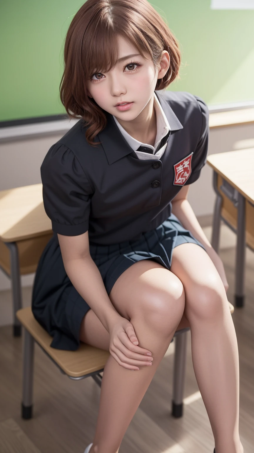 8K quality、High resolution、Beautiful fair skin texture、High resolutionの瞳、Japanese high school girls、Summer uniform、mini skirt、Brown Princess Hair、Realistic Female Genitalia、Small breasts、Sweat accumulates in the chest、classroom、Sit on a chair with your legs apart and leaning forward、Looking up at the photographer