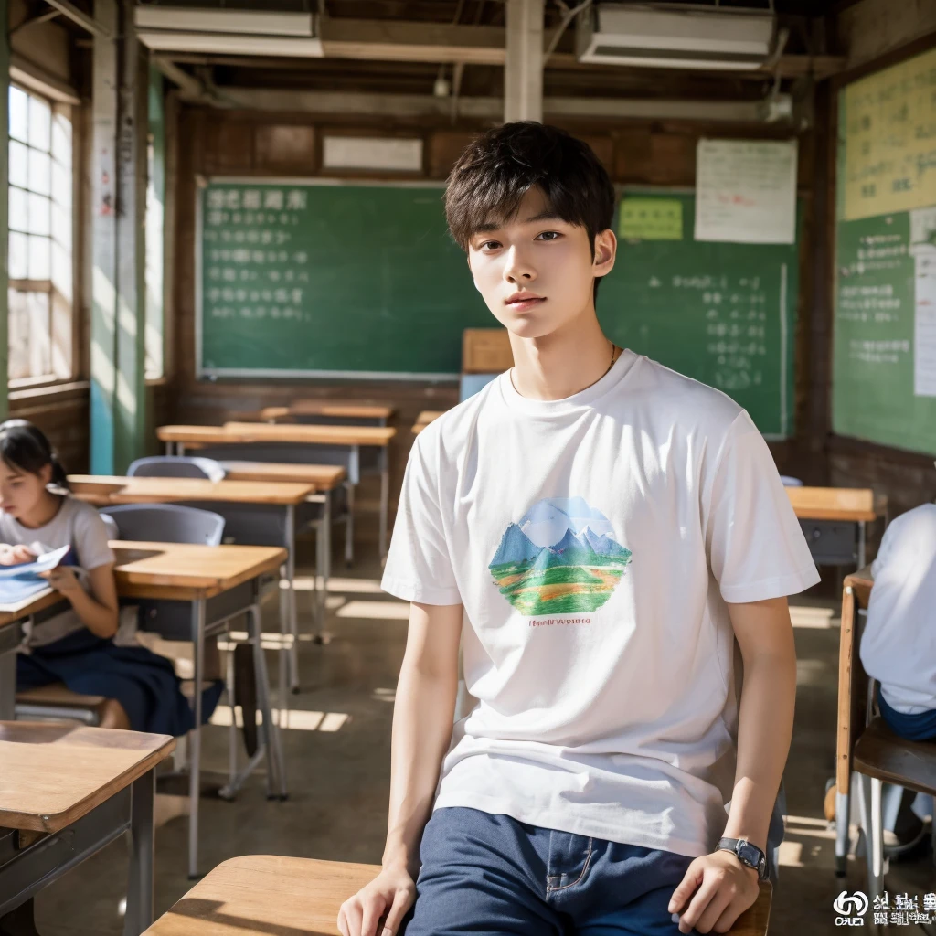 A man is sitting in the classroom, boy, male classmate, in the campus classroom, this male classmate is wearing a white T-shirt, short black hair, holding a pen in his hand, there are test papers, there are books, the lens is mainly featured on the upper body, in the Loepfe art style ((Xinhai City), popular in CGStation, Xinhaicheng H 2160, inspired by Bian Shoumin, Xinhaicheng, Kavasi, Guvitz style, high-quality pictures, 4K, 8K, resolution,