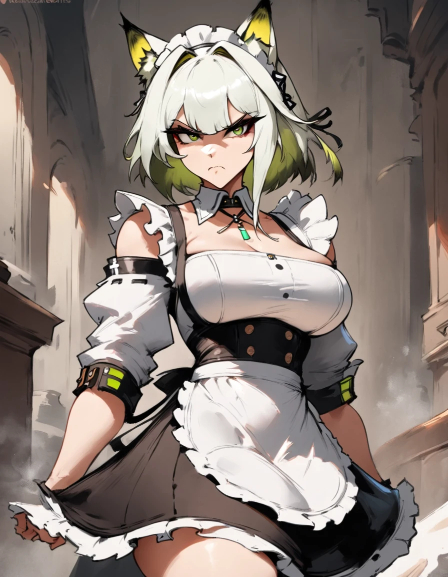 1girl, kal'tsit \(arknights\), arknights \\\\\ masterpiece, best quality, very aesthetic, absurdres, newest \\\\\\ slim body,///// ,by nyantcha,cutesexyrobutts , by khyle,,////// beautiful face, ????, serious, angry, green eyes, animal ears, big ????,victorian maid
,  solo,maid uniform, ,skirt, black and white clothes