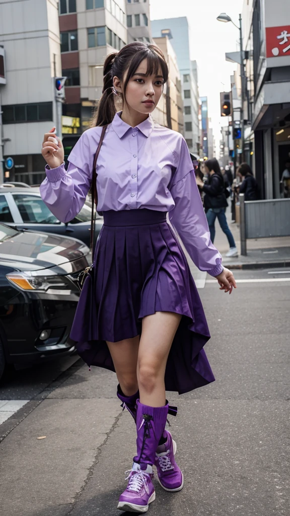 ((masterpiece, best quality))1girl, solo, fashion purple dress modern future, electric guitar, headphones, ponytail, holding, holding plectrum, instrument, very very long brown hair, music, one side up, teal hair, twin tails, playing guiter, pleated long skirt fashion, fashion cosplay japan dress modern purple and white, interior, full body, purple, sit down in retro classic chair, walking, jumping, beautiful boot modern, background japan city, fashion costume cosplay japan modern, execited, dancing, jumping, running, fighting, having lunch