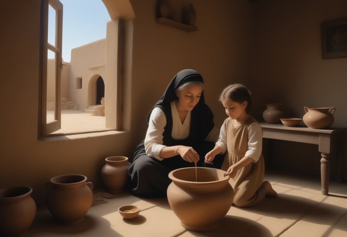((widow pouring oil into a vessel beside)), (small ??? boy by your side watching), (ancient Middle Eastern village), (widow pouring oil from a jar while Elisha looks on), (biblical narrative moment), (modest home with clay walls and simple furnishings), (soft, natural light filtering through a window), (inspired by Rembrandt), (realistic), (digital painting), (historical scene), (earthy tones with highlights of gold and brown), (high resolution, ultra-detailed), (masterpiece quality),
