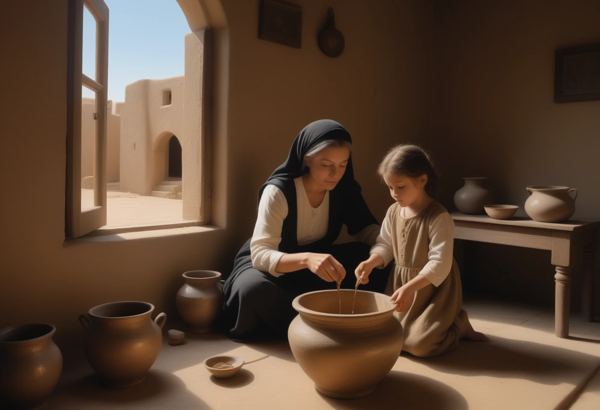 ((widow pouring oil into a vessel beside)), (small ??? boy by your side watching), (ancient Middle Eastern village), (widow pouring oil from a jar while Elisha looks on), (biblical narrative moment), (modest home with clay walls and simple furnishings), (soft, natural light filtering through a window), (inspired by Rembrandt), (realistic), (digital painting), (historical scene), (earthy tones with highlights of gold and brown), (high resolution, ultra-detailed), (masterpiece quality),