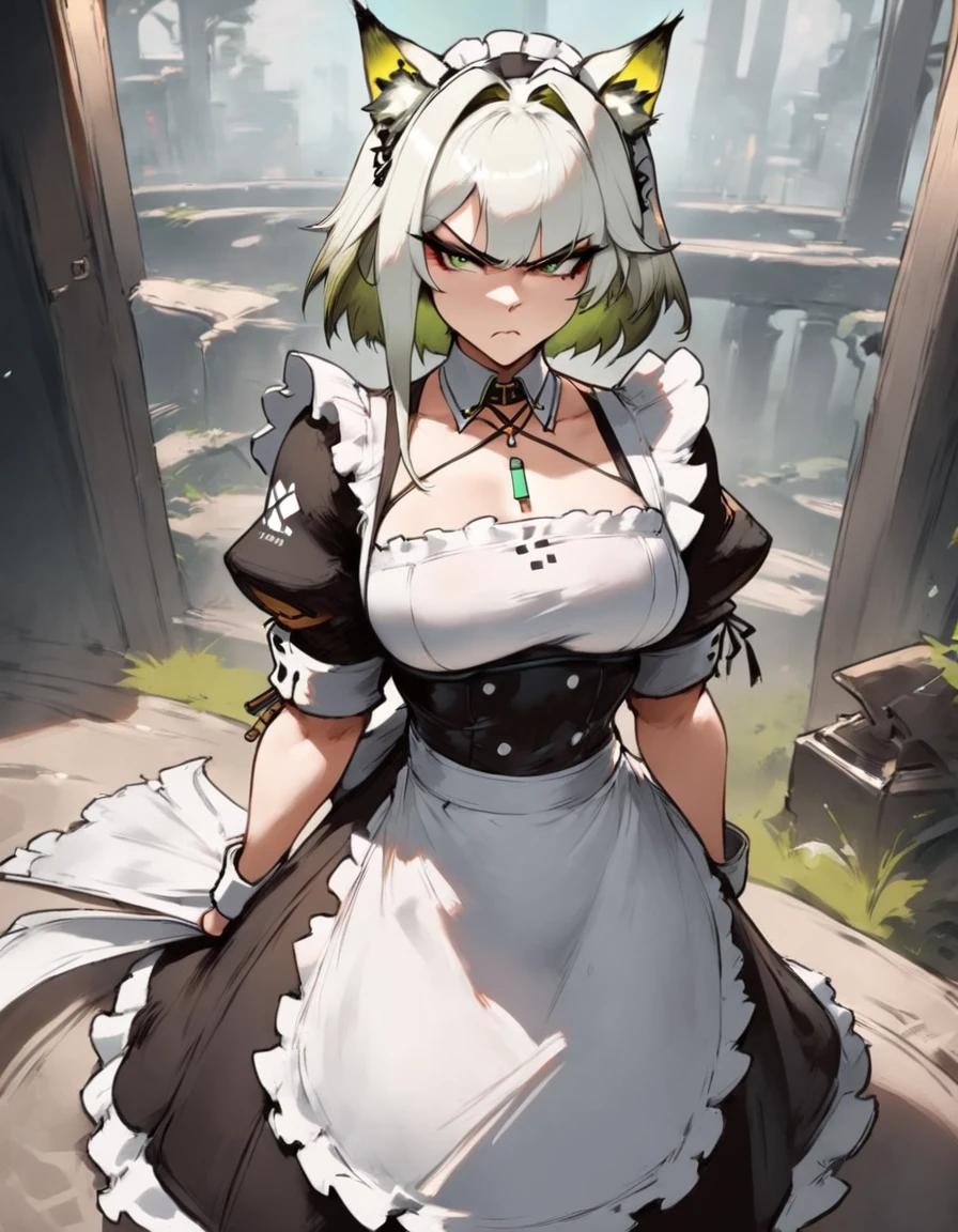 1girl, kal'tsit \(arknights\), arknights \\\\\ masterpiece, best quality, very aesthetic, absurdres, newest \\\\\\ slim body,///// ,by nyantcha,cutesexyrobutts , by khyle,,////// beautiful face, sexy, serious, angry, green eyes, animal ears, big tits,victorian maid
,  solo,maid uniform, ,skirt, black and white clothes, white background