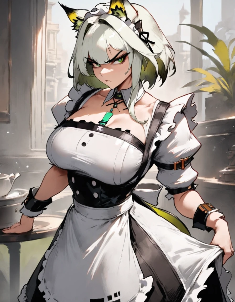 1girl, kal'tsit \(arknights\), arknights \\\\\ masterpiece, best quality, very aesthetic, absurdres, newest \\\\\\ slim body,///// ,by nyantcha,cutesexyrobutts , by khyle,,////// beautiful face, sexy, serious, angry, green eyes, animal ears, big tits,victorian maid
, solo,maid uniform, ,skirt, black and white clothes