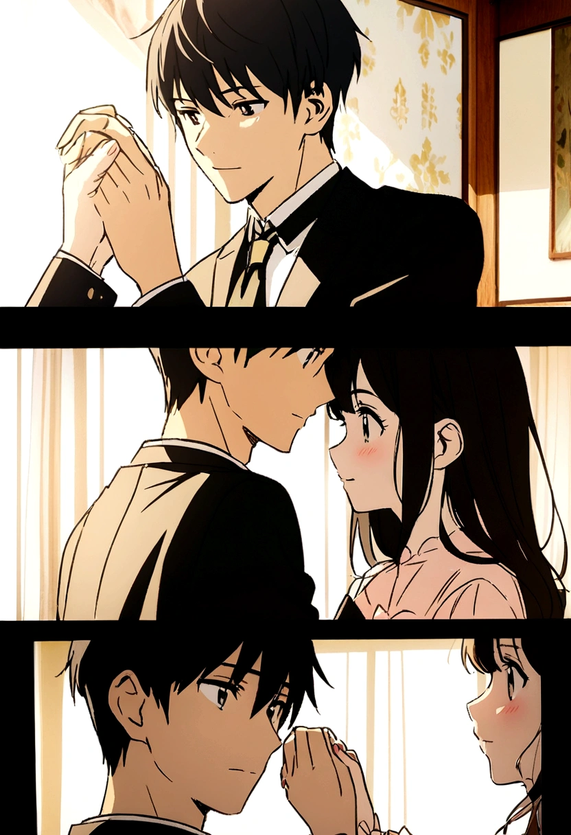 Anime photo profile couple,one picture,handsome boy,cute and pretty girl,the boy pat his girl with his hand and the girl shy,small,hiqh quality
