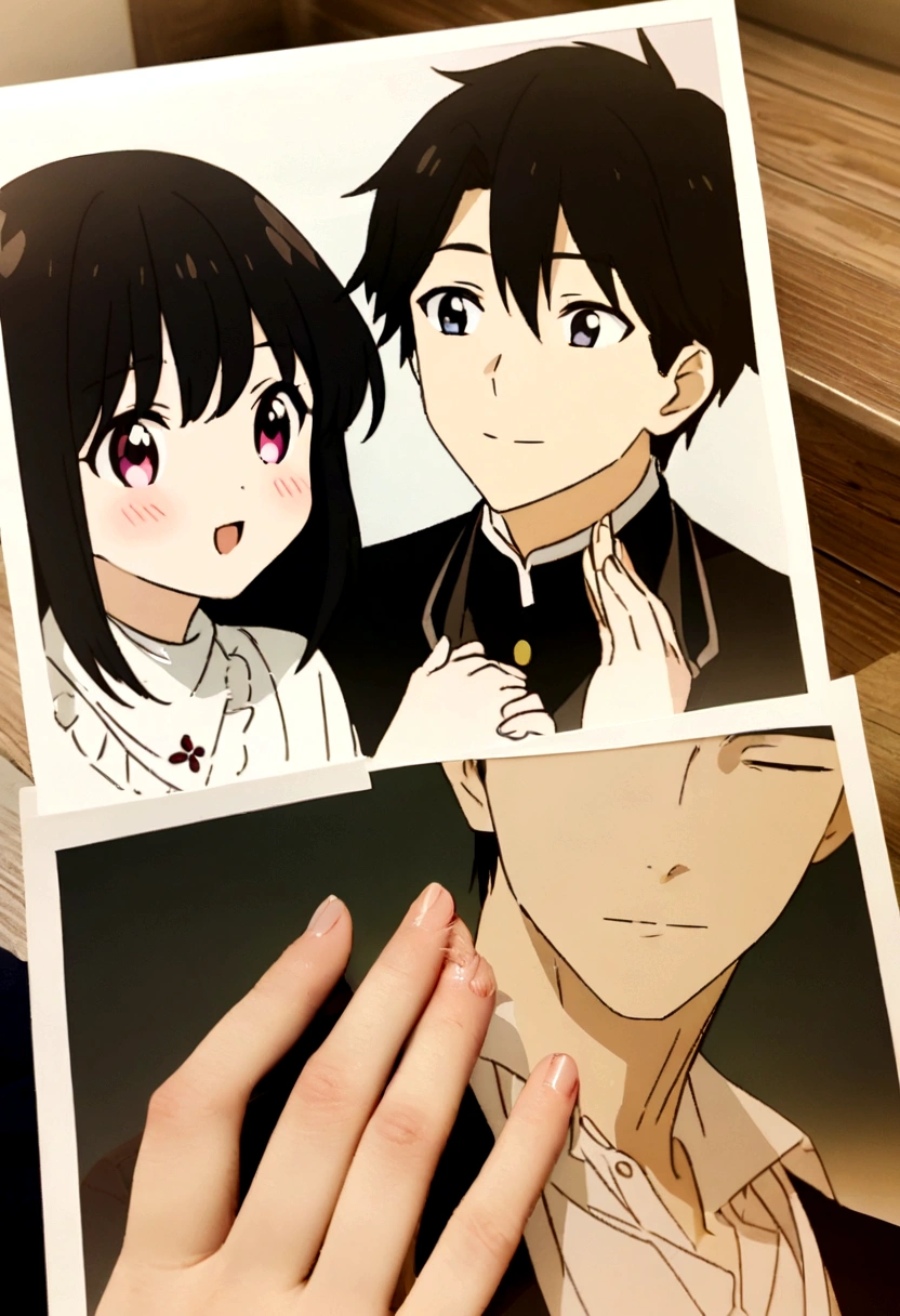 Anime photo profile couple,one picture,handsome boy,cute and pretty girl,the boy pat his girl with his hand and the girl shy,small,hiqh quality