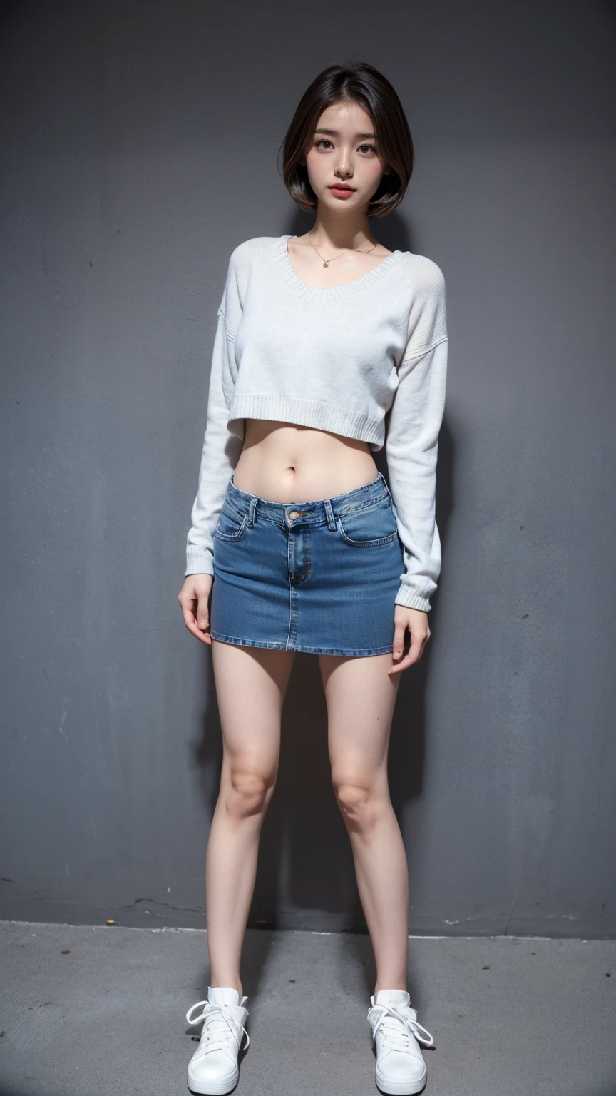 (masuter piece:1.3)、(8K、Photorealsitic、Raw photography、top-quality: 1.4)、(1girl in)、beautiful countenance、(Lifelike face)、(A dark-haired、short-hair:1.3)、Beautiful hairstyle、realisticeyes、Beautiful details、(real looking skin)、Beautiful skins、absurderes、enticing、超A high resolution、A hyper-realistic、high-detail、the golden ratio、((wide open abdomen))、((open abdomen))、((wide open navel))、((open navel))、((Mid-Riff Sweater))、((Ultra-low rise、Denim Mini Skirt))、((Navel Ejection))、((small hips))、((long limbs))、((Full body depiction))、((A slender))、((small hip))、(Ultra-low rise))、((Denim Mini Skirt))、((is standing))、