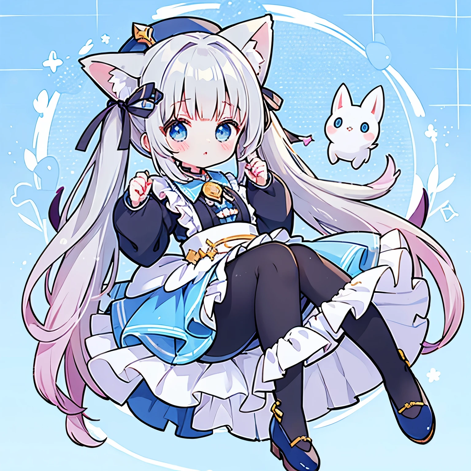 female、solo, whole body, Light Blue Iry Jane Shoes, pose for a photo.，long hair、twintail hair，shy，blush，Hot，masterpiece、Best image quality、top quality, wizard hat、long hair，fox ears，gray hair，(black pantyhose)，blue eyes、exquisite eyes、Beautiful girl、Chubby cheeks、cute 드레스、puffy sleeves、Ruffled skirt、pink ribbon、cute、change, The magic wand,