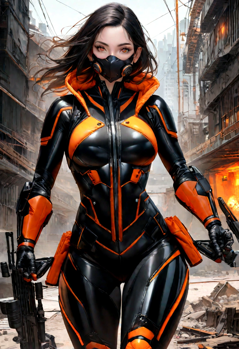 Hyper-realistic Athletic and toned female with shoulder-length black hair with orange streaks and brown eyes. She is an explosives expert, skilled in demolition, engineering, gadget creation, and hand-to-hand combat, The Costume consists of a black armored suit with reinforced plating and orange lines running along the seams, a full-face mask with a digital display in black with glowing orange accents, a black hood with an orange interior and tactical enhancements, and weapons including small explosive devices and a high-tech crossbow in black and orange, Geographic Data in Detailed Hyper-Realism Photoshoot Style