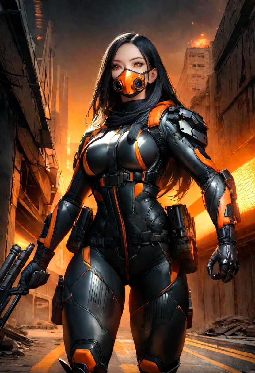 Hyper-realistic Athletic and toned female with shoulder-length black hair with orange streaks and brown eyes. She is an explosives expert, skilled in demolition, engineering, gadget creation, and hand-to-hand combat, The Costume consists of a black armored suit with reinforced plating and orange lines running along the seams, a full-face mask with a digital display in black with glowing orange accents, a black hood with an orange interior and tactical enhancements, and weapons including small explosive devices and a high-tech crossbow in black and orange, Geographic Data in Detailed Hyper-Realism Photoshoot Style
