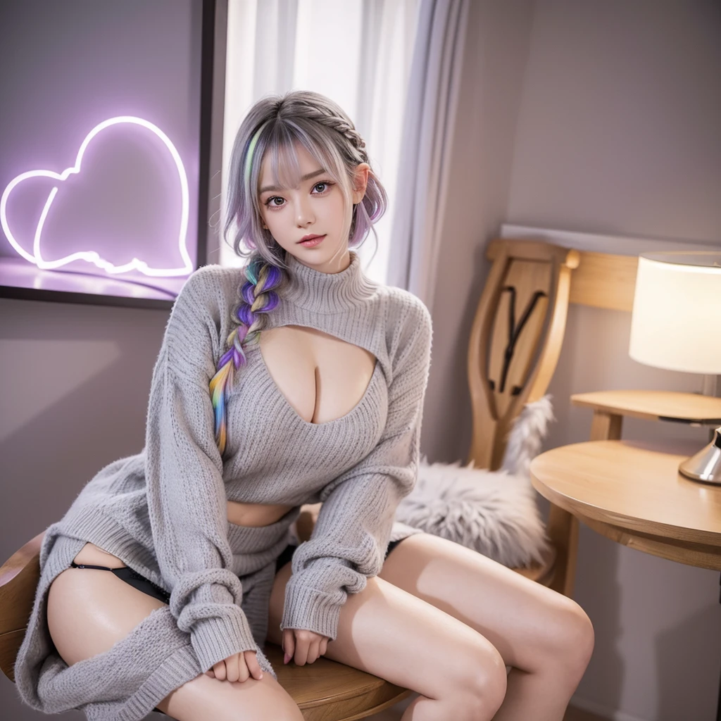 The best images, portrait, cute woman, Happy, shy, Ash gray shiny braided bangs rainbow colored short hair, big lilac eyes, , great proportion, Brown fluffy sweater, sitting,  are on the table, background, room, Chair, table, professional lighting, anime, manga, figure,  cutout 